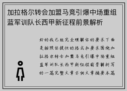加拉格尔转会加盟马竞引爆中场重组蓝军训队长西甲新征程前景解析