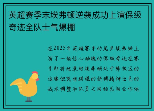英超赛季末埃弗顿逆袭成功上演保级奇迹全队士气爆棚